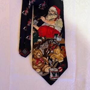 VTG Christmas Santa Toy Workshop Train Necktie 100% Silk Made USA Holiday 58x4